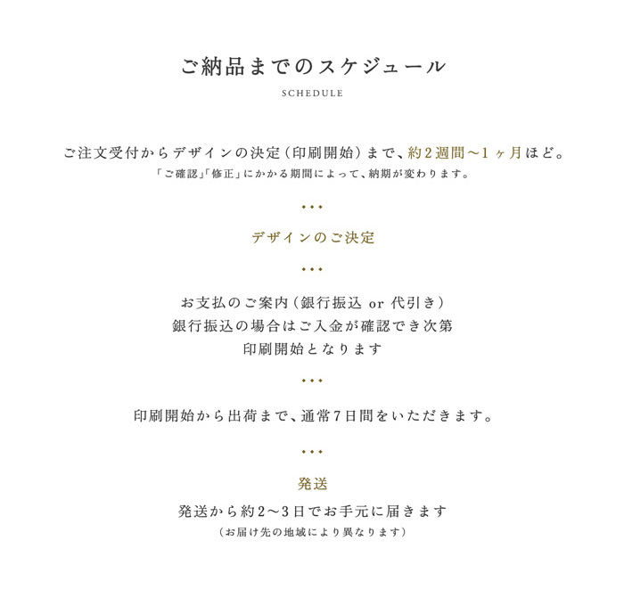 納品までの段取りについて オリジナル席次表 オリジナル席札 オリジナルメニュー表 納品までの、私たちのあえて言っている「徹底的に細かい」ご案内には、おかげさまでご好評いただいております。 納品までの段取りについて ご注文受付から納品までのスケジュール
1.ご注文受付からデザインの決定（印刷開始）まで、約13営業日ほど。
・担当デザイナーがご要望を伺いながら作成を進めますので、ご注文時には部数や掲載内容が未確定でも大丈夫です。
・ご注文受付をいただいたお客様から順番にご案内しますので、まずはお早めのご依頼をお願いします。
2.印刷開始から出荷まで、通常7日間をいただきます。
・出荷可能日は、上記カレンダーのピンク色の日程となります。
・出荷日の翌日にお手元に到着いたします。（北海道、中四国、九州、沖縄、その他離島は、出荷日の翌々日の到着です。）
作成の流れ
お客様によるご手配
AISUによる作業
ご注文受付
ご注文フォームからお申込ください。
お申込前にご不安なことがあればお気軽にお問い合わせください。
約13営業日　掲載項目のご案内
掲載情報のご返信・掲載内容のご用意
約3営業日
招待状データ作成
レイアウトのご確認
・掲載内容や文字の校正
・会場担当者様やご家族様とのご確認等
・修正のご確認がスムーズに進む場合は記載の日程よりも早く印刷に進むことが可能です。ご確認にお時間がかかる場合は、それに応じて納期が変わります。
  修正
約5営業日
最終決定
合計金額のご案内
銀行振込の場合
代金引換の場合
振込手続き
金額のご確認
入金確認後、印刷行程へ。
合計金額のご了承後、印刷行程へ。
印刷