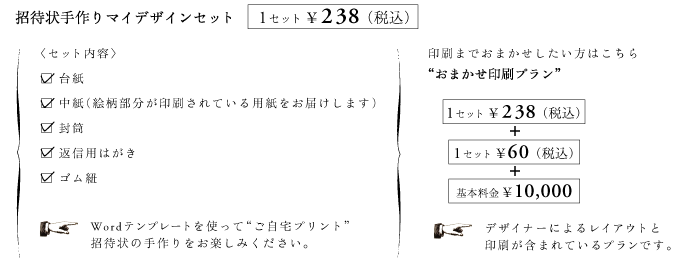 招待状手作りマイデザインセット 1セット￥238（税込）別途、印刷込の“おまかせ印刷プラン”もご用意しています。